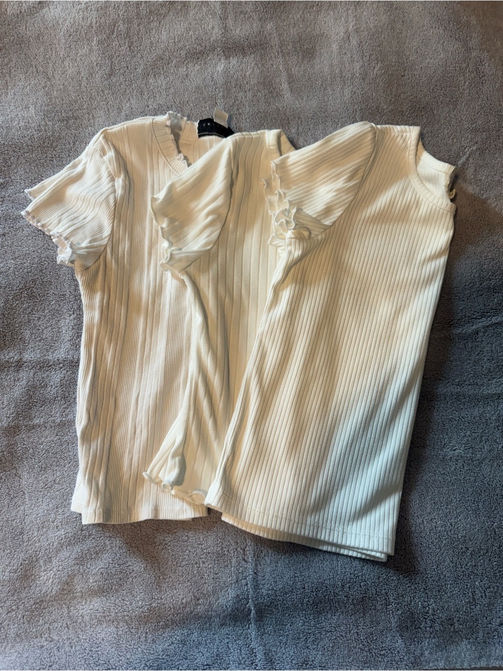btween Cream Ribbed Short Sleeve Tee with Ruffle Trim